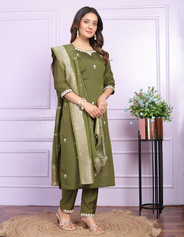 Luxury Mehendi Green Embroidery Work Salwar Suit