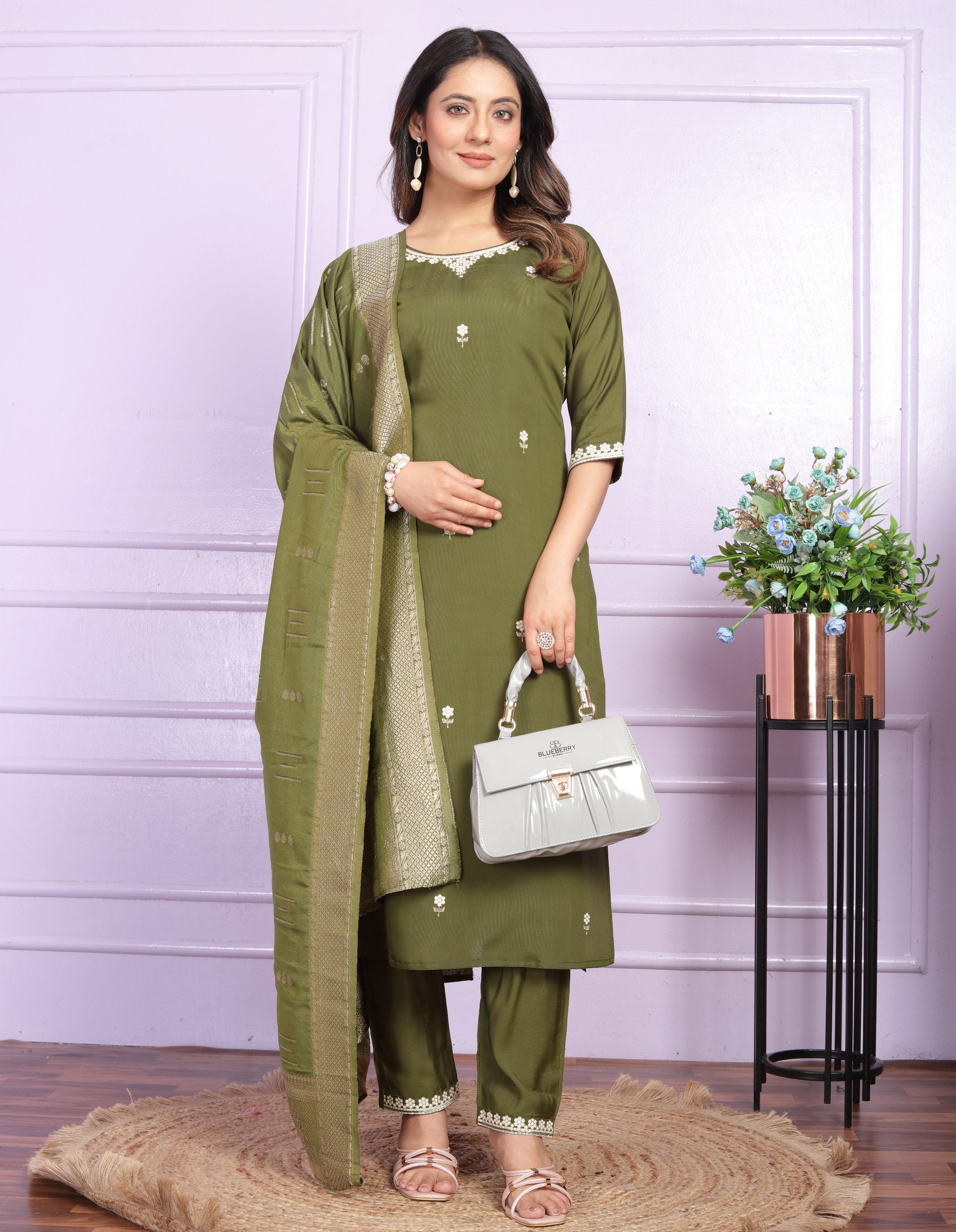 Luxury Mehendi Green Embroidery Work Salwar Suit