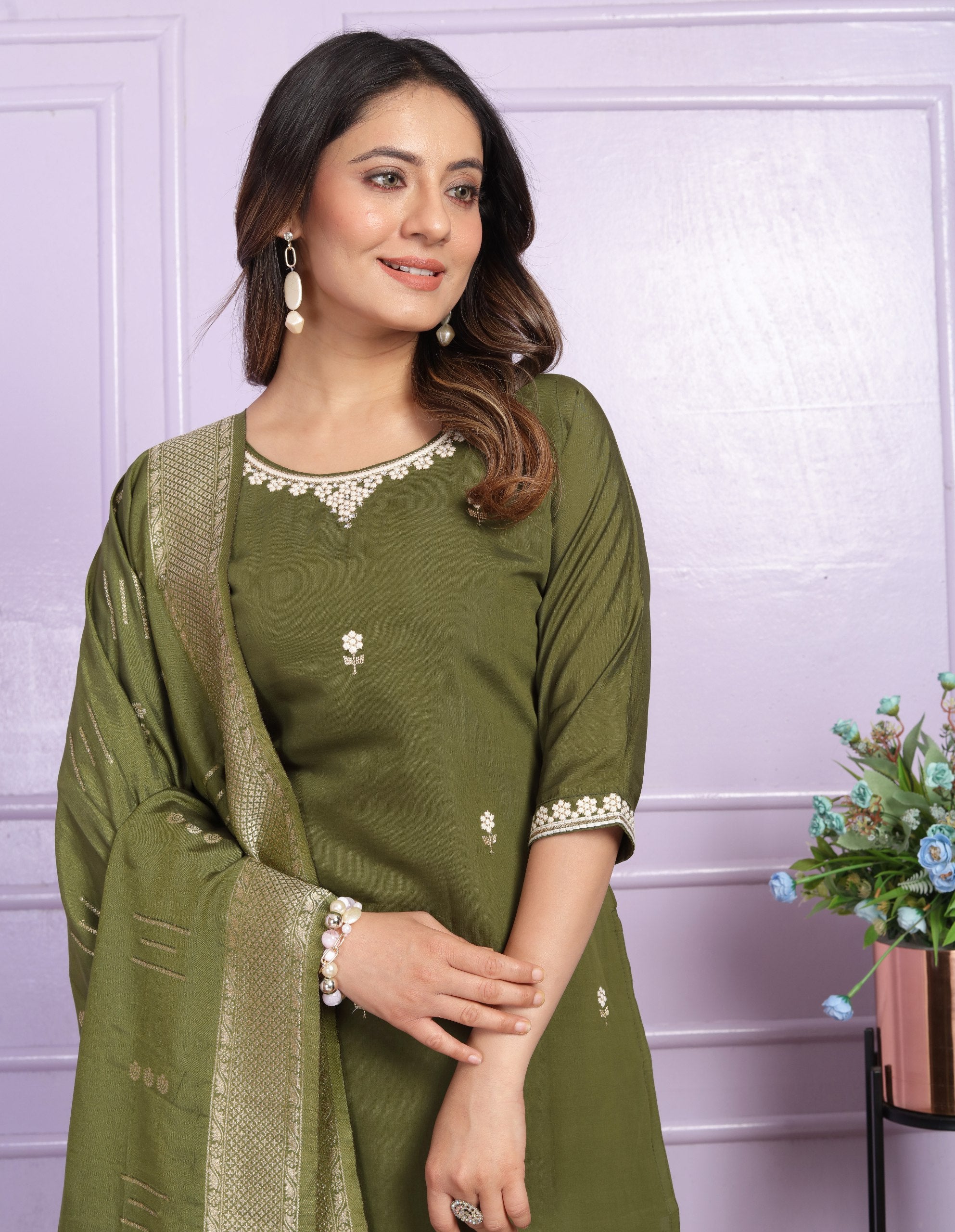 Luxury Mehendi Green Embroidery Work Salwar Suit