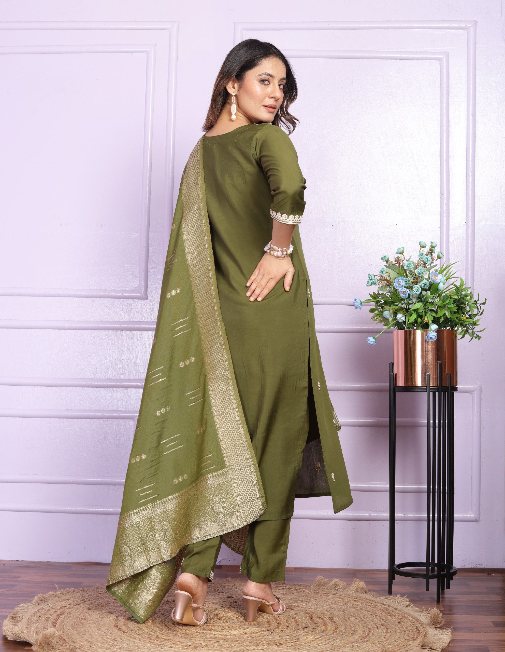 Luxury Mehendi Green Embroidery Work Salwar Suit