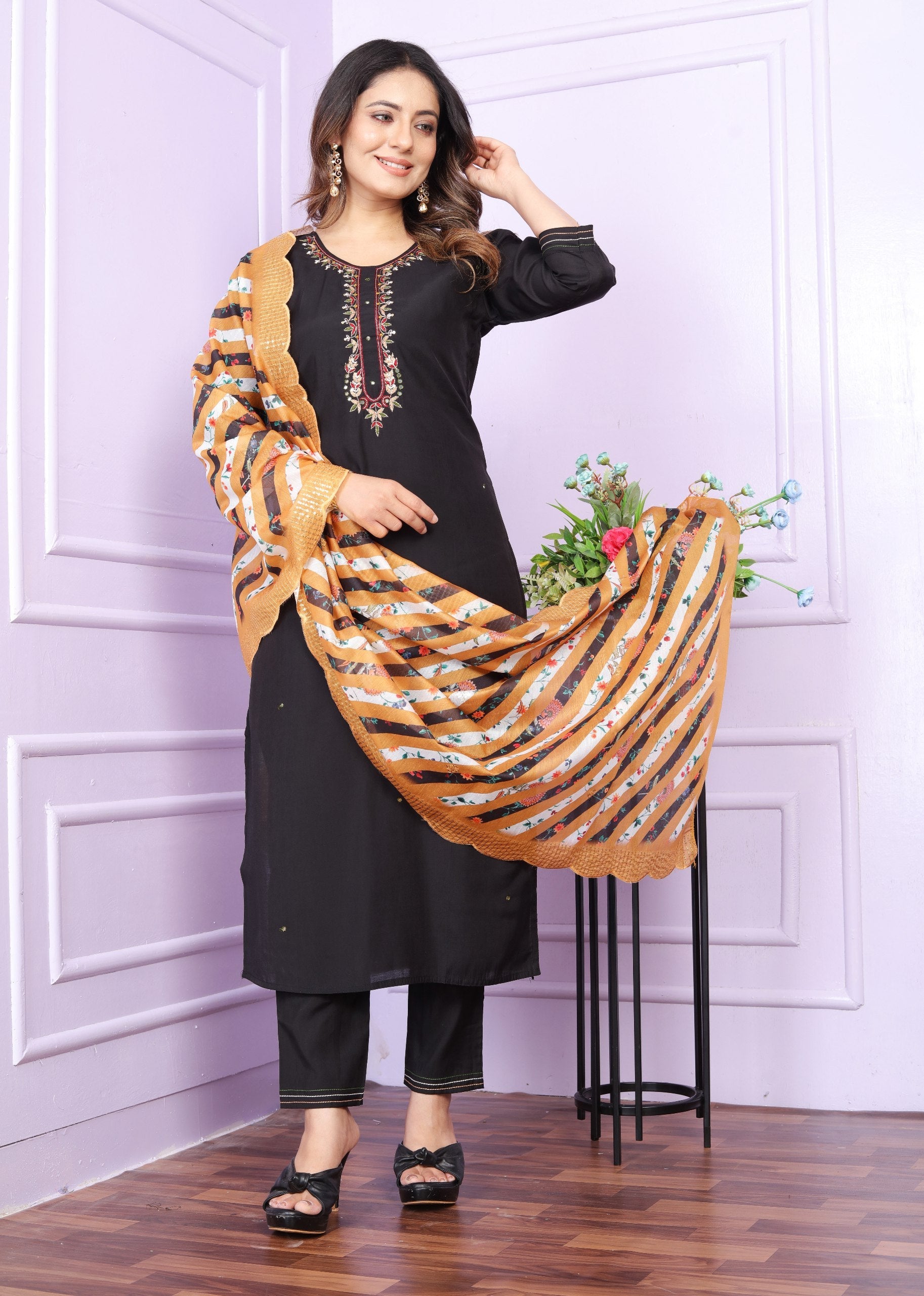 Black Color Kurti Set With Mustard Leheriya Dupatta