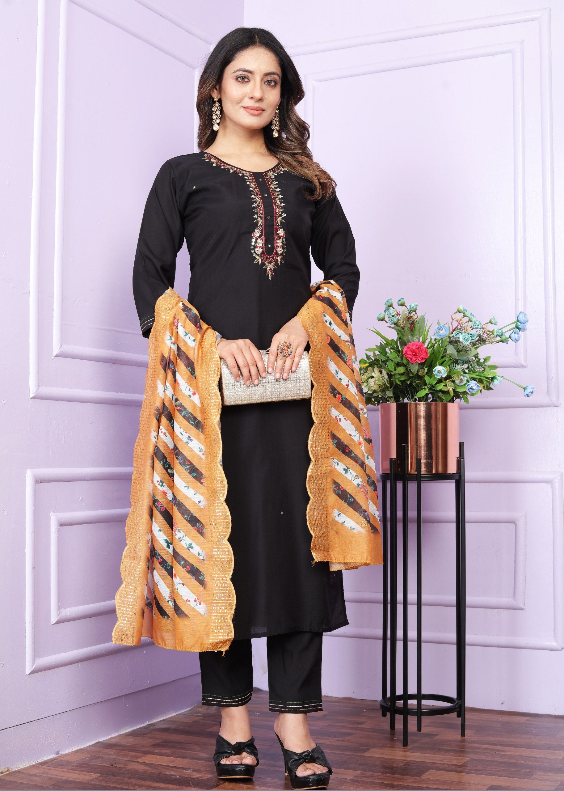 Black Color Kurti Set With Mustard Leheriya Dupatta