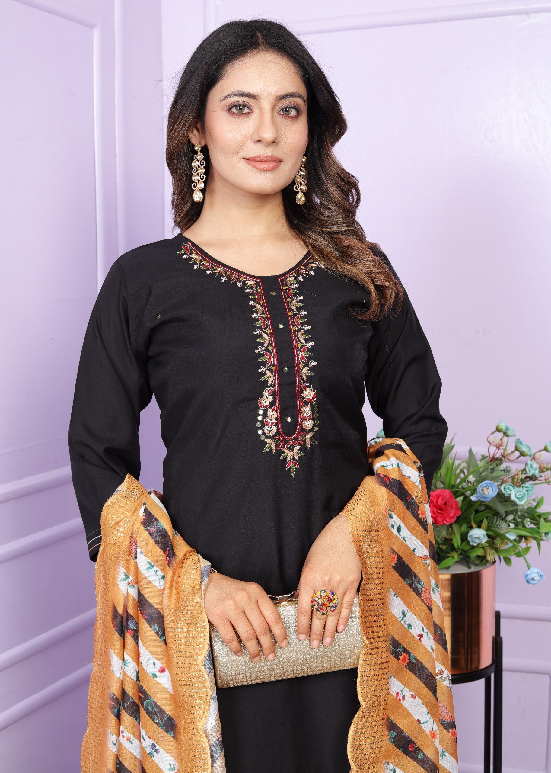 Black Color Kurti Set With Mustard Leheriya Dupatta