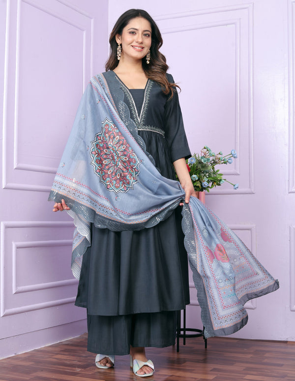 Gorgeous Dark Grey Color Work Palazzo Suit