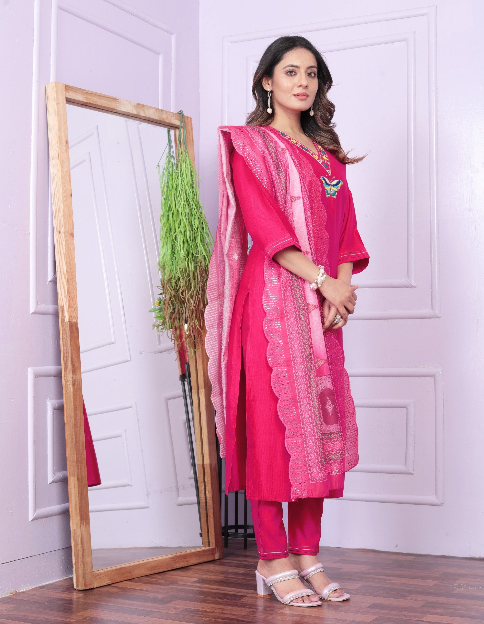 Terrific Pink Color V Neck Butterfly Work Salwar Suit