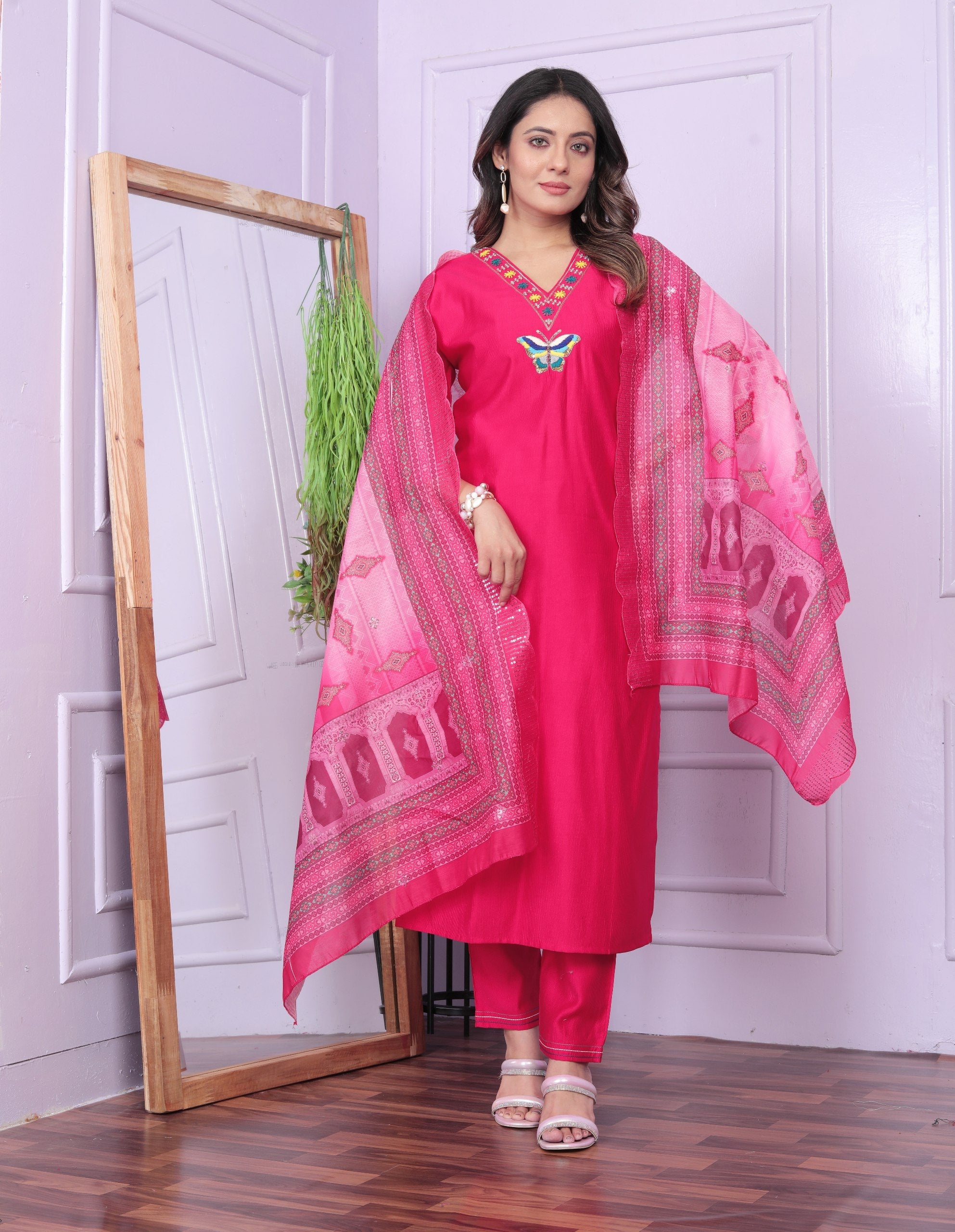 Terrific Pink Color V Neck Butterfly Work Salwar Suit