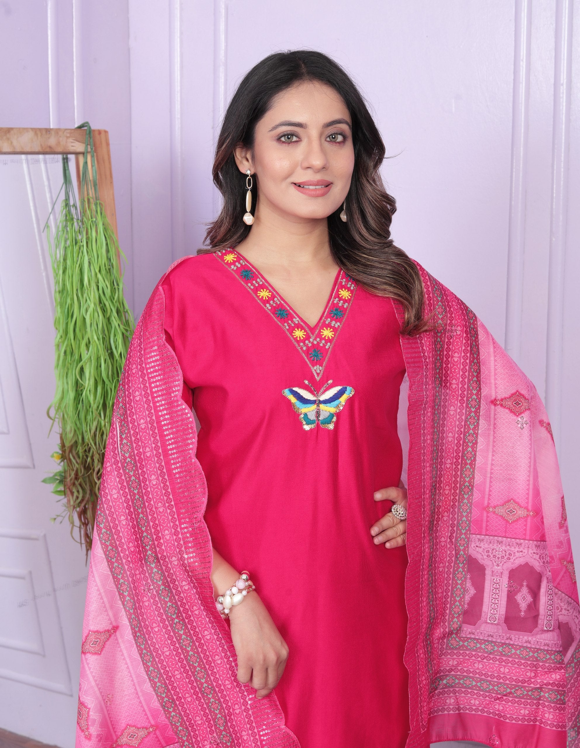 Terrific Pink Color V Neck Butterfly Work Salwar Suit