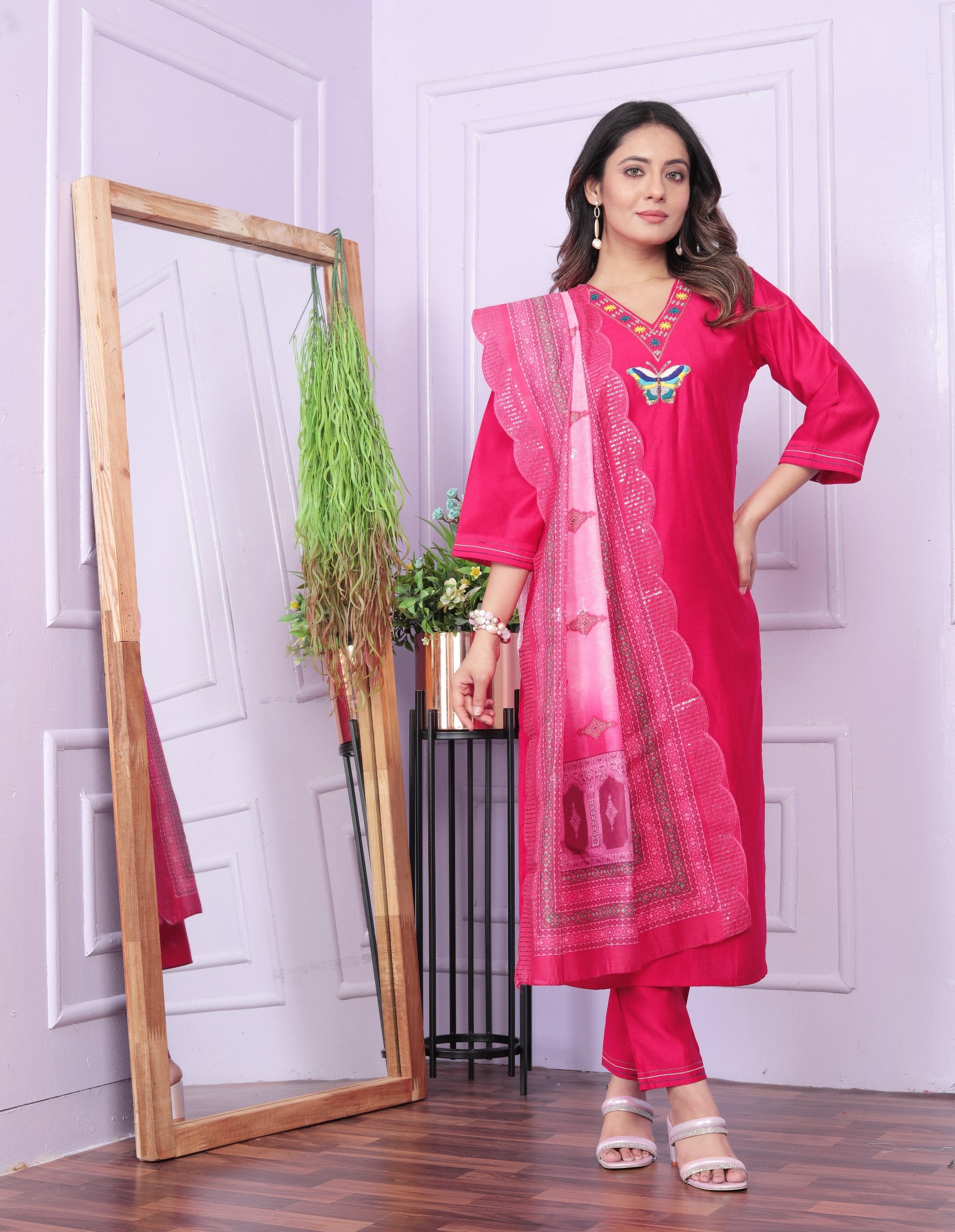 Terrific Pink Color V Neck Butterfly Work Salwar Suit