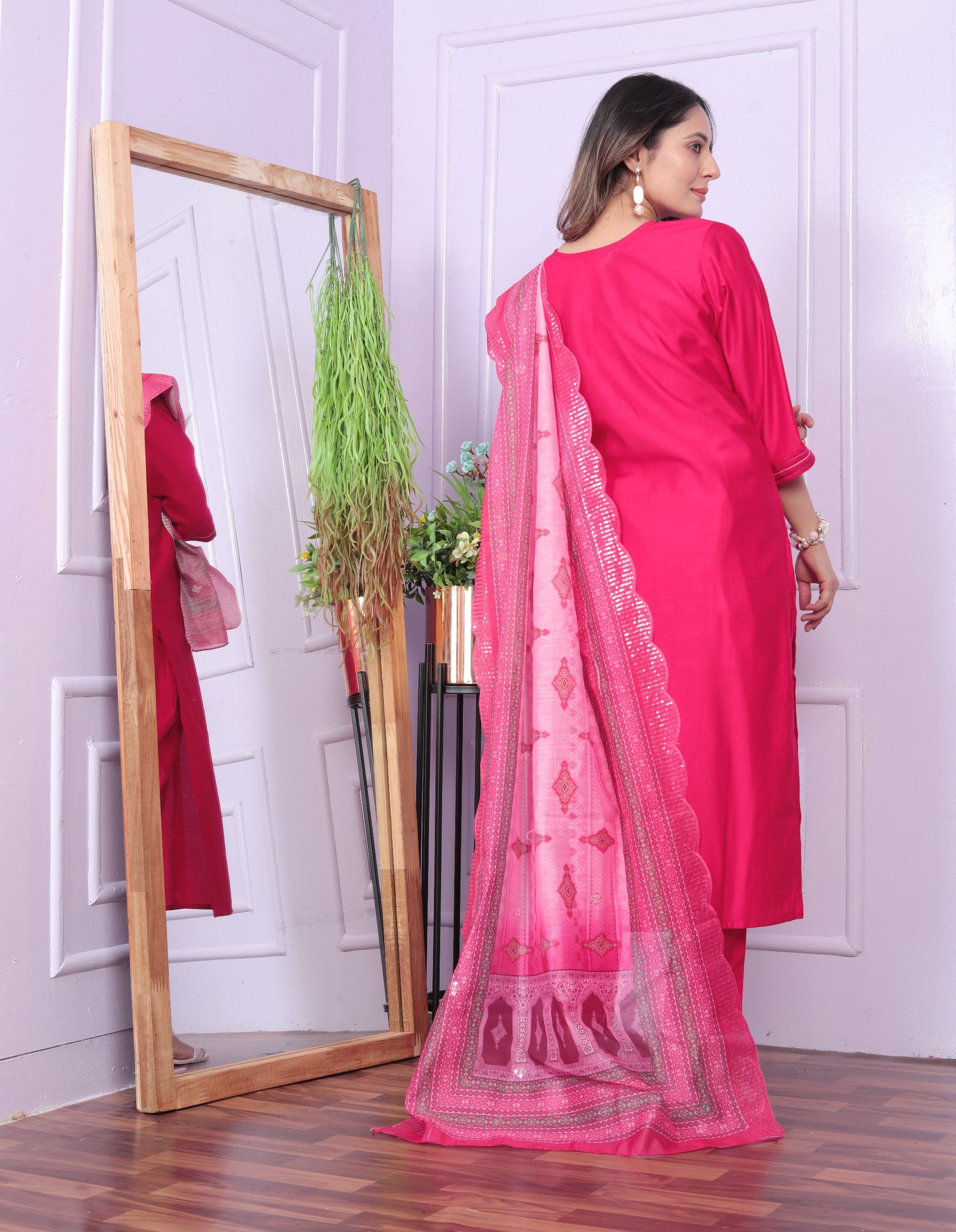 Terrific Pink Color V Neck Butterfly Work Salwar Suit