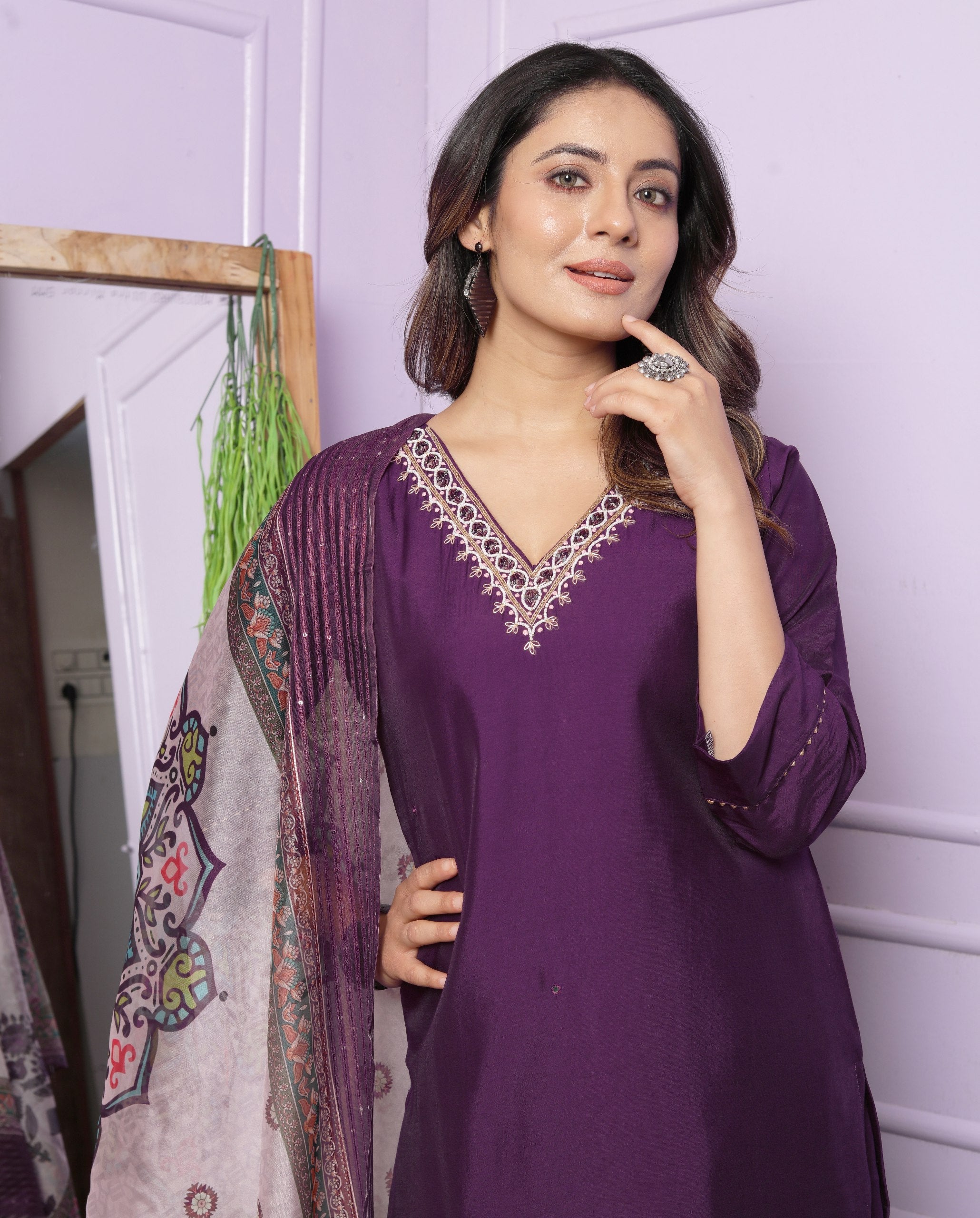 Pretty V Neck Wine Straight Kurti Palazzo Suit