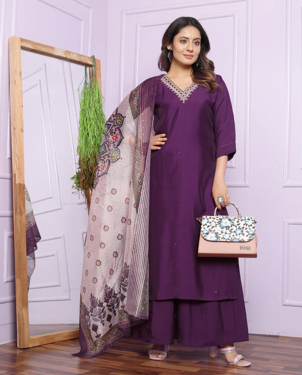 Pretty V Neck Wine Straight Kurti Palazzo Suit