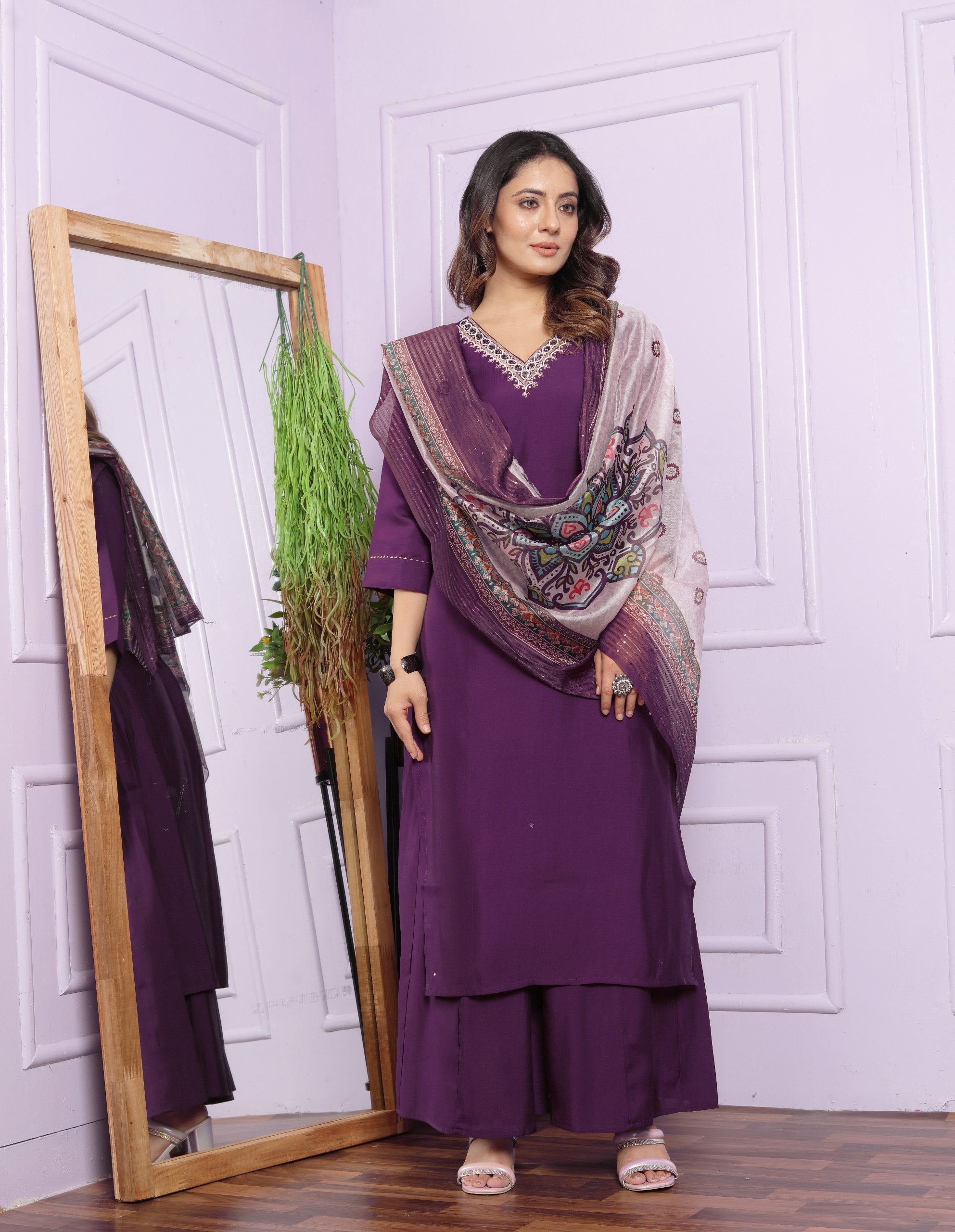 Pretty V Neck Wine Straight Kurti Palazzo Suit