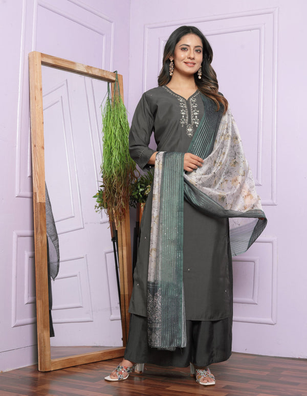 Graceful Hand Work Grey Color Palazzo Suit