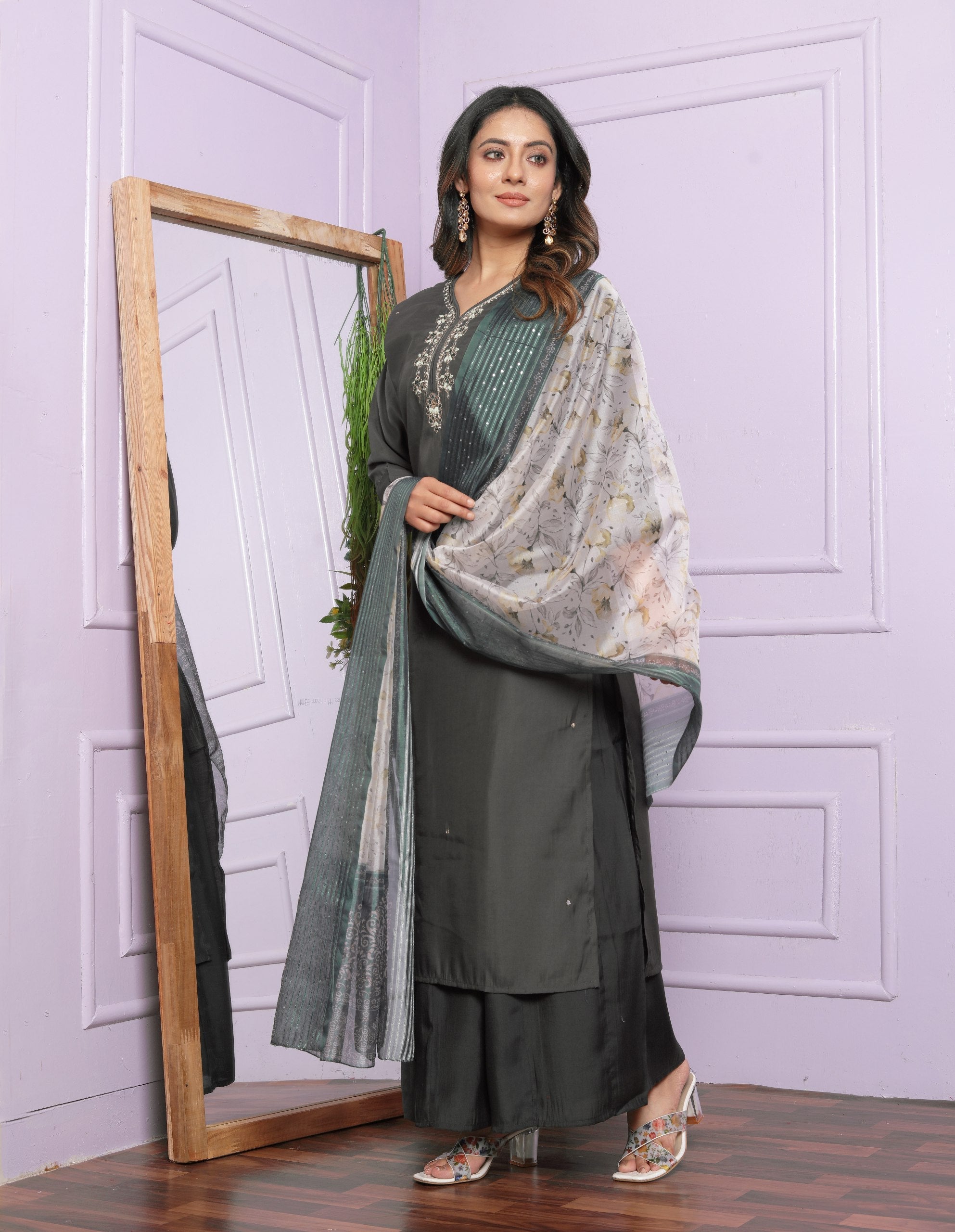 Graceful Hand Work Grey Color Palazzo Suit