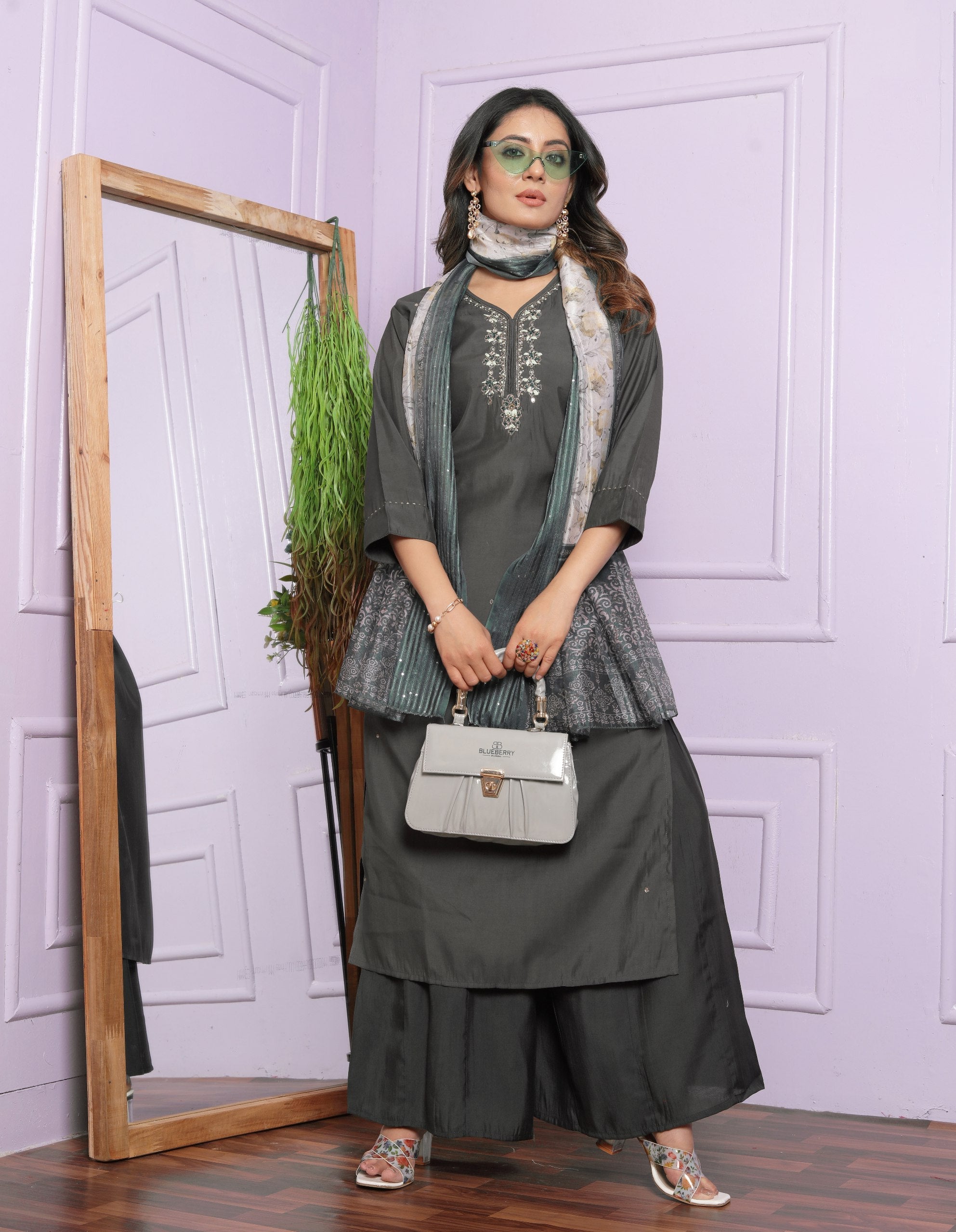 Graceful Hand Work Grey Color Palazzo Suit