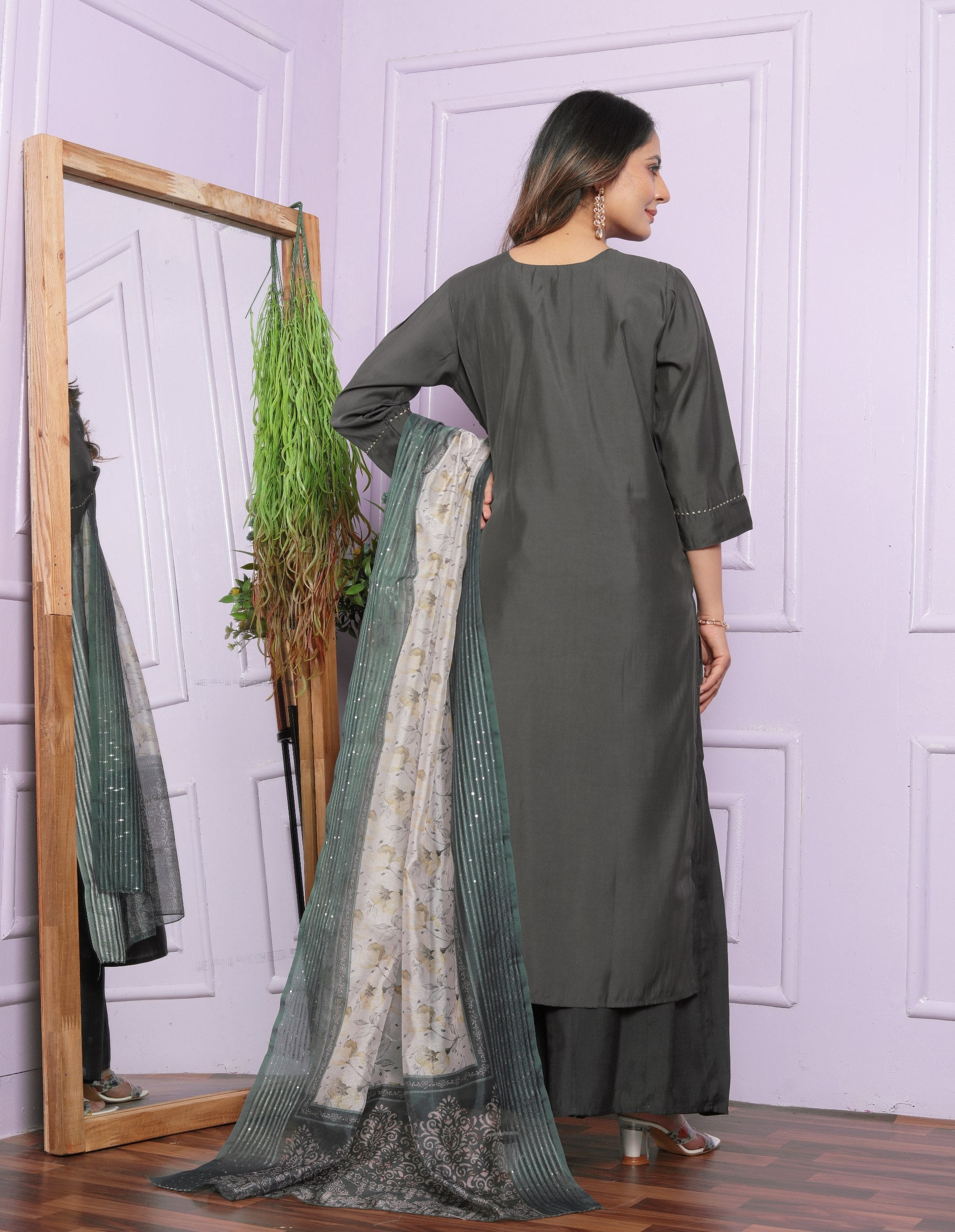 Graceful Hand Work Grey Color Palazzo Suit