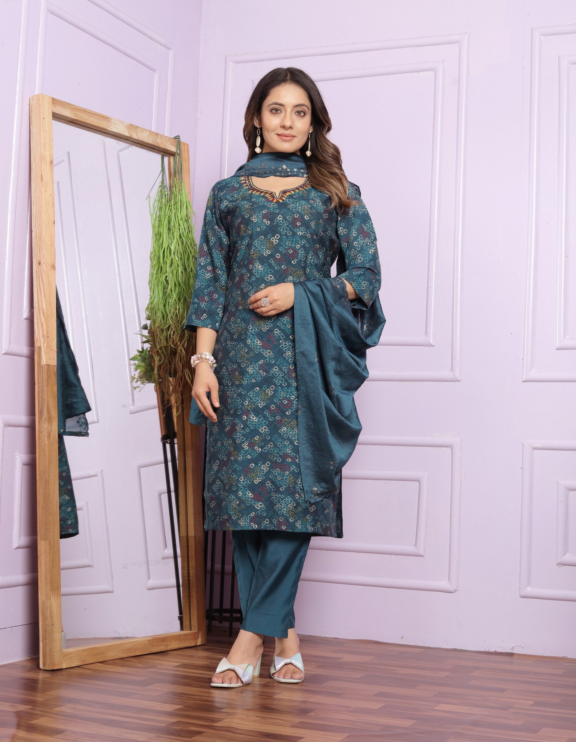 Stylish Bandhani Print Teal Blue Color Salwar Suit