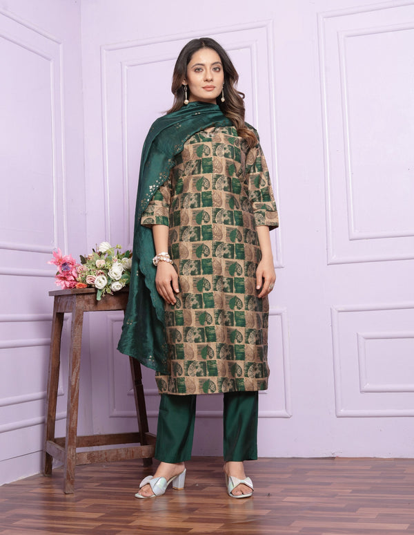 Trendy Handwork Bottle Green Silk Kurta Set