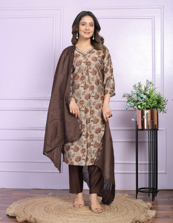 Luxuriant Brown Color V Neck Salwar Suit