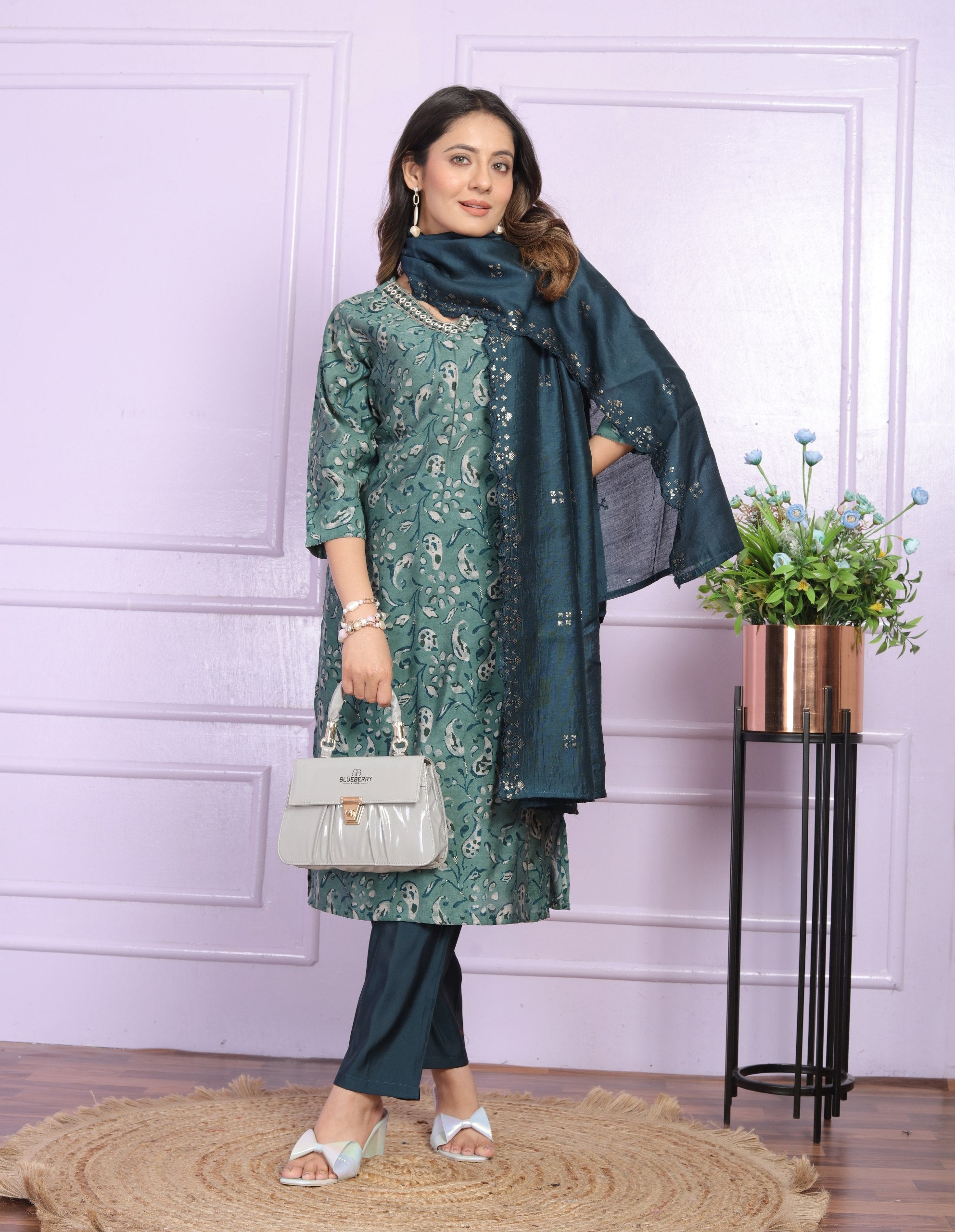 Admiring V Neck Teal Green Color Kurta Set