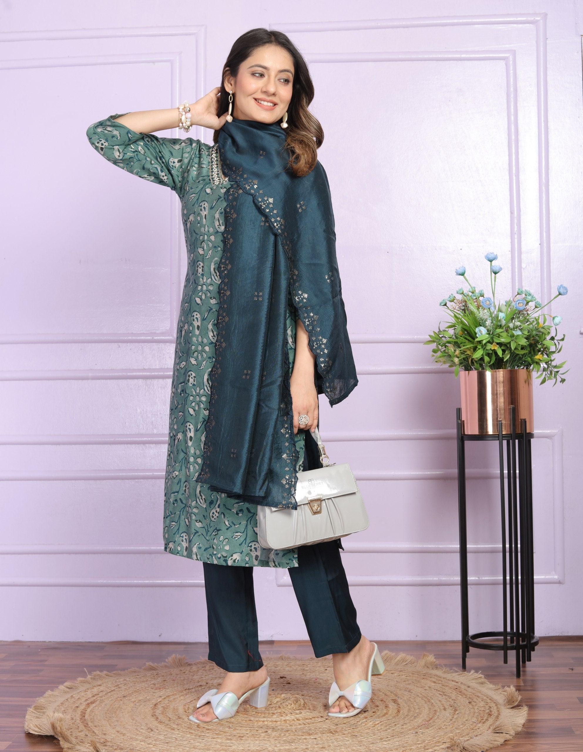 Admiring V Neck Teal Green Color Kurta Set