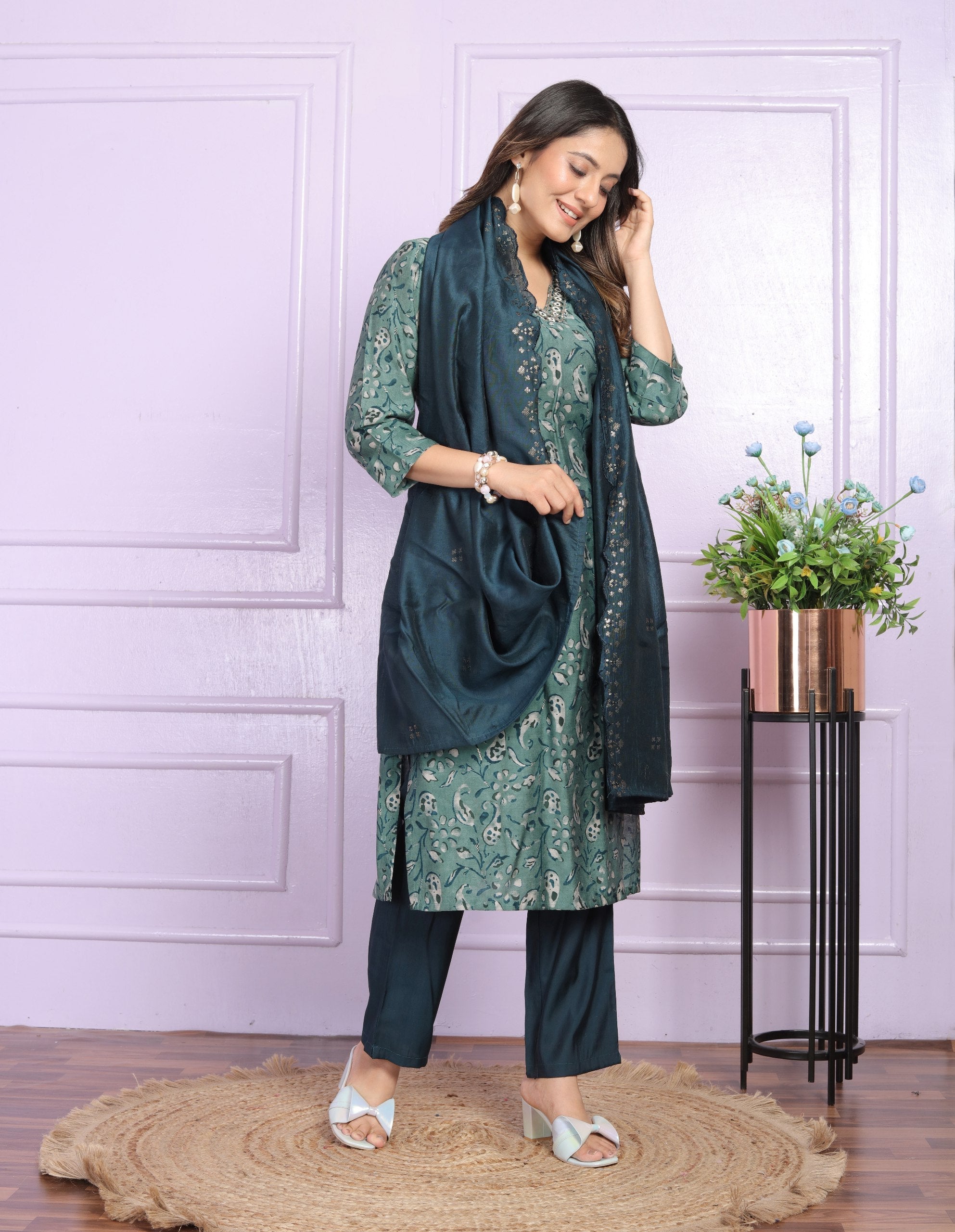 Admiring V Neck Teal Green Color Kurta Set