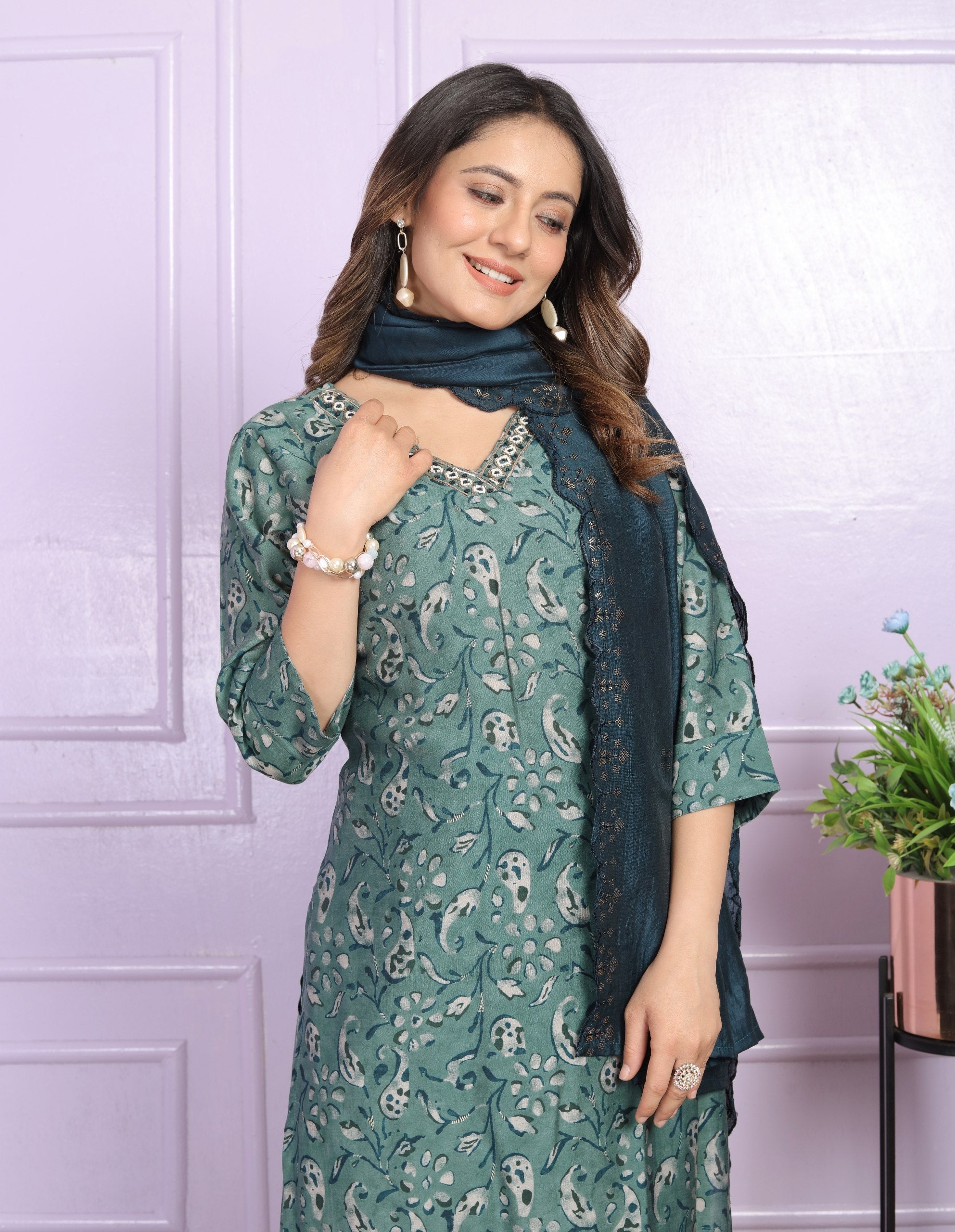 Admiring V Neck Teal Green Color Kurta Set