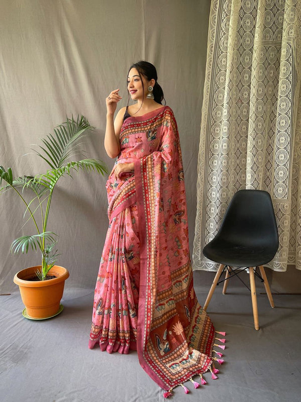 Elegant Kalamkari Pattern Peach Color Cotton Saree