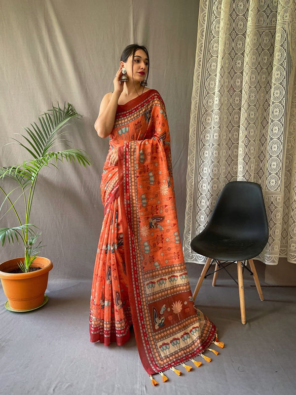 Elegant Kalamkari Pattern Orange Color Cotton Saree