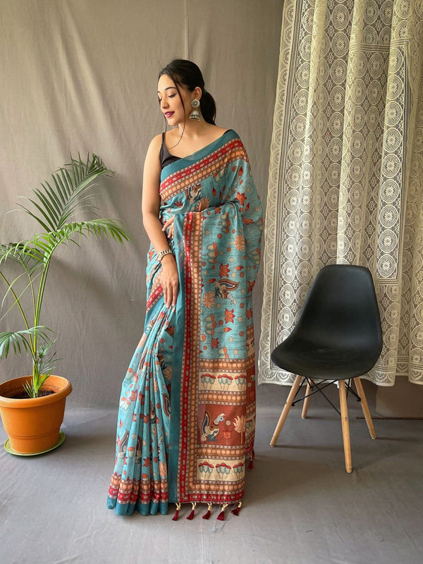 Elegant Kalamkari Pattern Sky Blue Color Cotton Saree