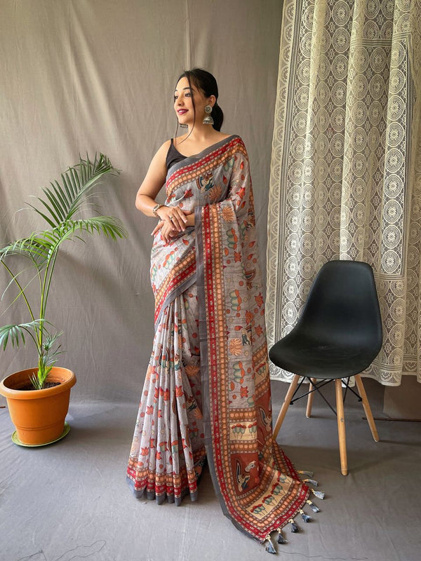 Elegant Kalamkari Pattern Grey Color Cotton Saree