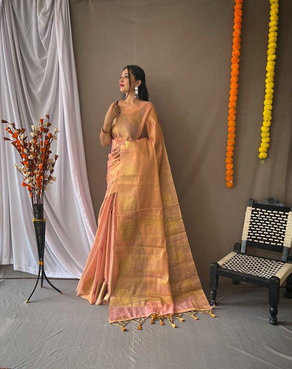 Wonderful Zari Weaving Peach Color Saree