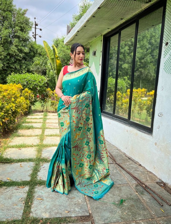 Rich Pallu Teal Blue Color Paithani Silk Saree