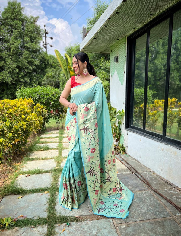 Rich Pallu Light Blue Color Paithani Silk Saree