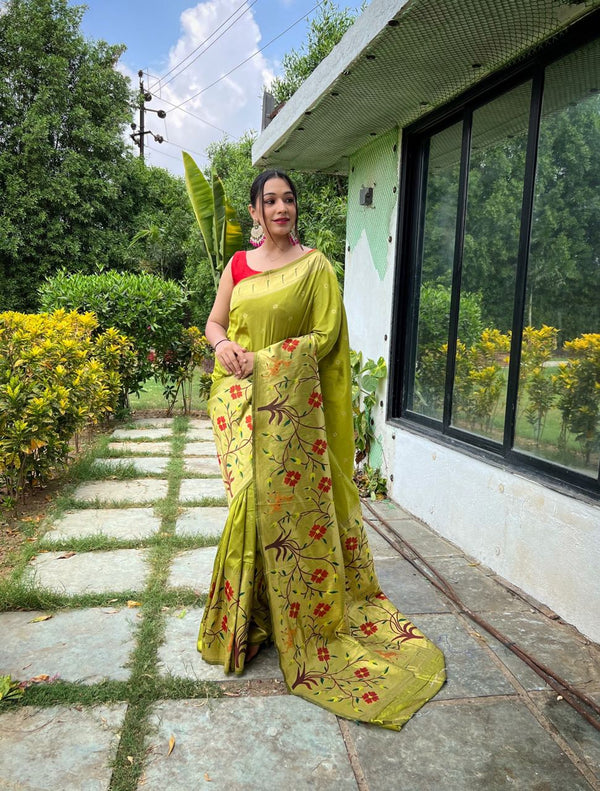 Rich Pallu Parrot Green Color Paithani Silk Saree