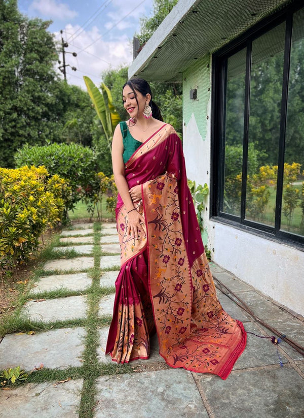 Rich Pallu Wine Color Paithani Silk Saree