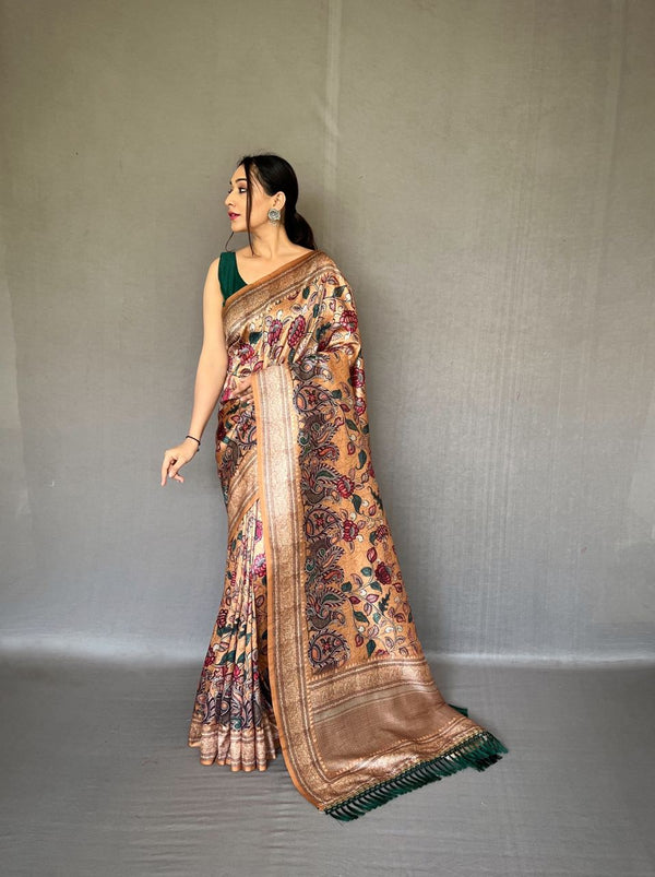 Gorgeous Mustard Color Kalamkari Print Silk Saree