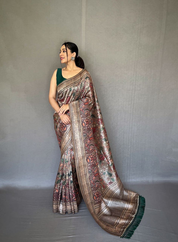 Gorgeous Grey Color Kalamkari Print Silk Saree