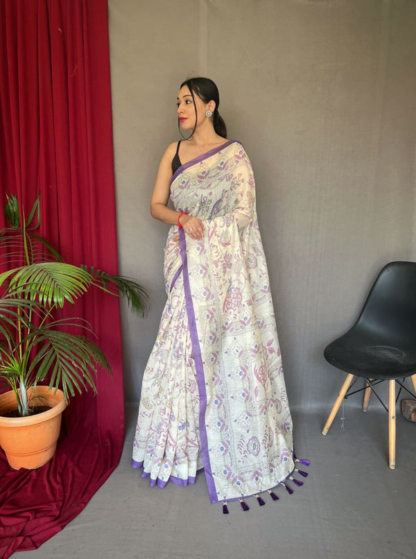 Classic Purple Border Printed Cotton Saree