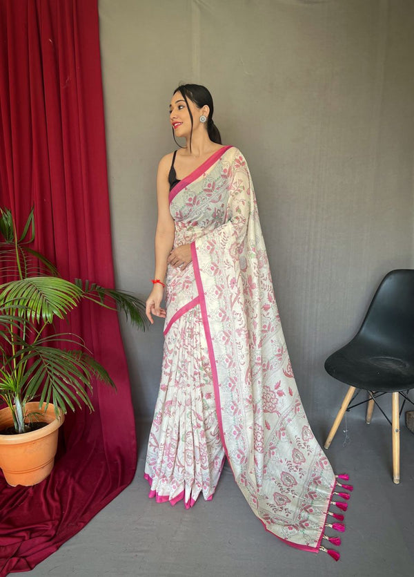 Classic Pink Border Printed Cotton Saree