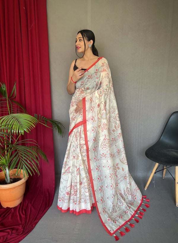 Classic Red Border Printed Cotton Saree