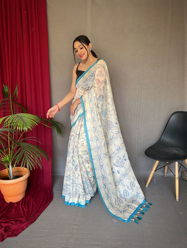 Classic Sky Blue Border Printed Cotton Saree