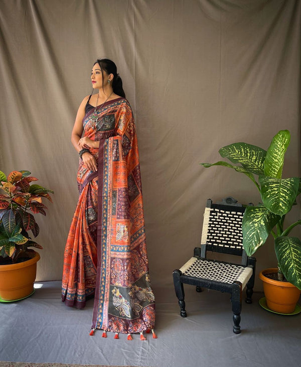 Multi Kalamkari Print Orange Cotton Saree