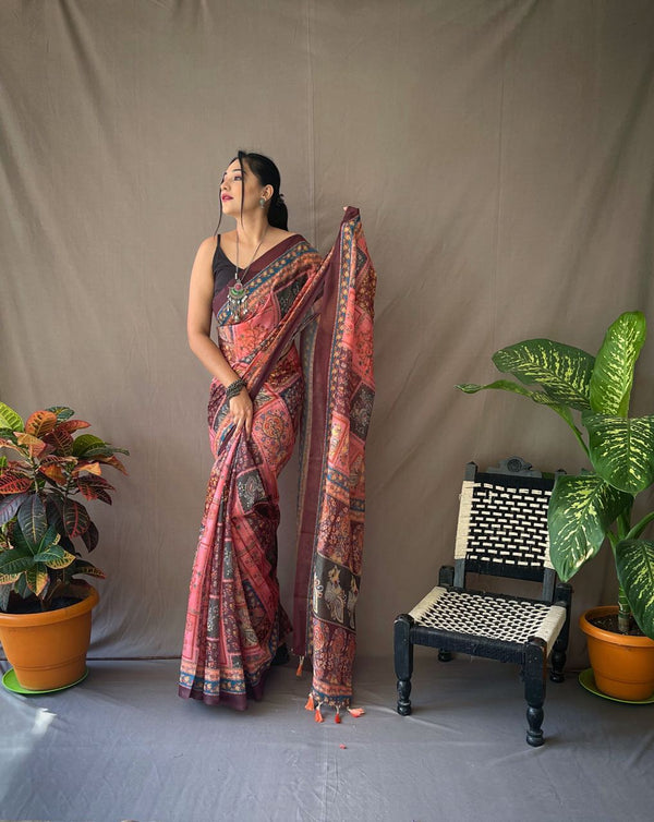 Multi Kalamkari Print Pink Cotton Saree