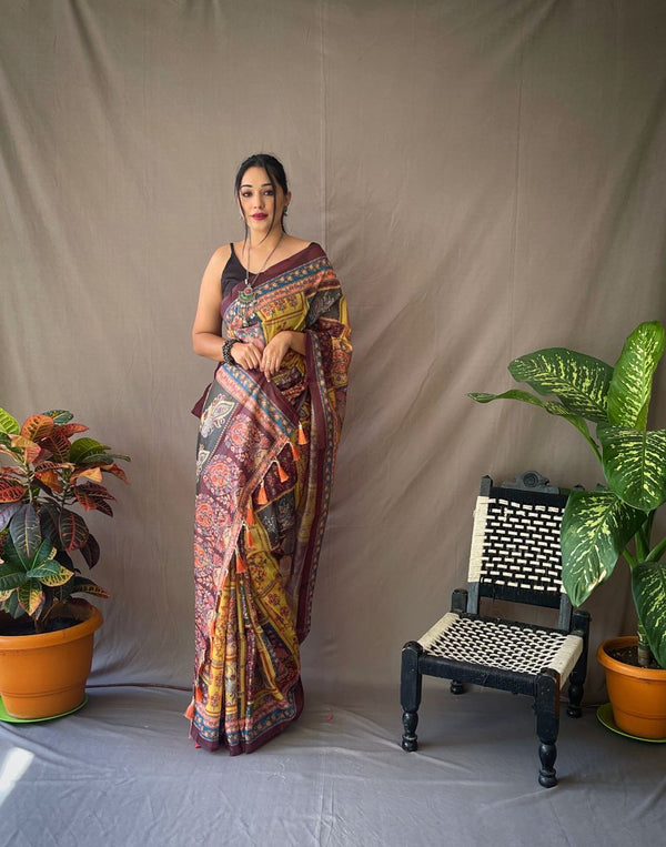 Multi Kalamkari Print Yellow Cotton Saree