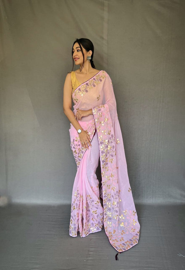 Stylish Pink Color Gotta Patti Work Saree