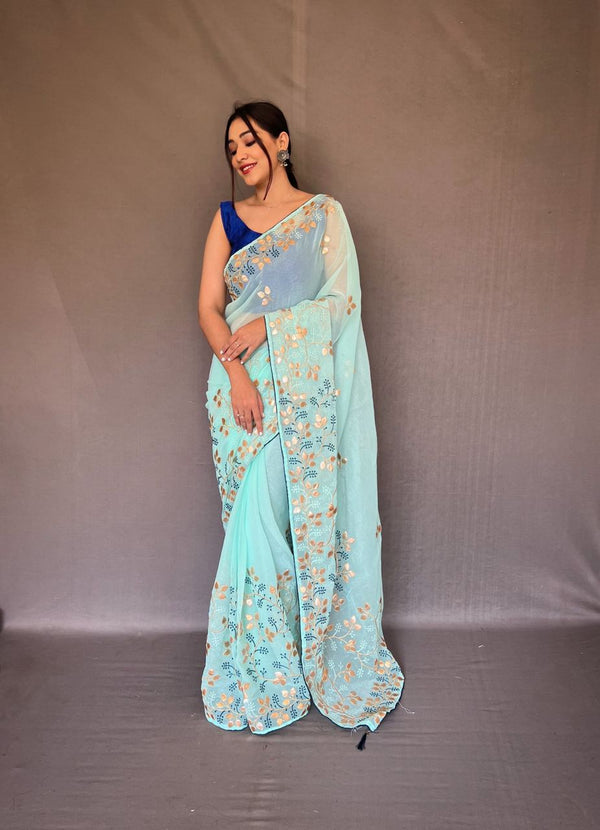 Stylish Sky Blue Color Gotta Patti Work Saree