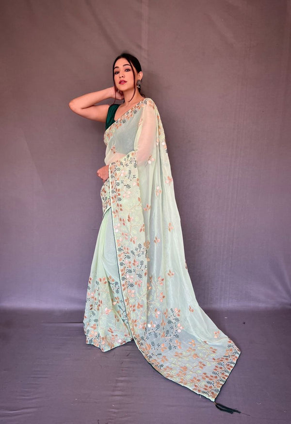 Stylish Pista Color Gotta Patti Work Saree