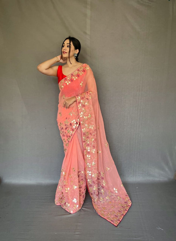 Stylish Peach Color Gotta Patti Work Saree