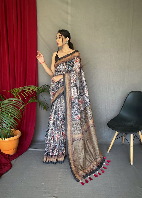 Flower And Patola Silk Design Grey Color Saree